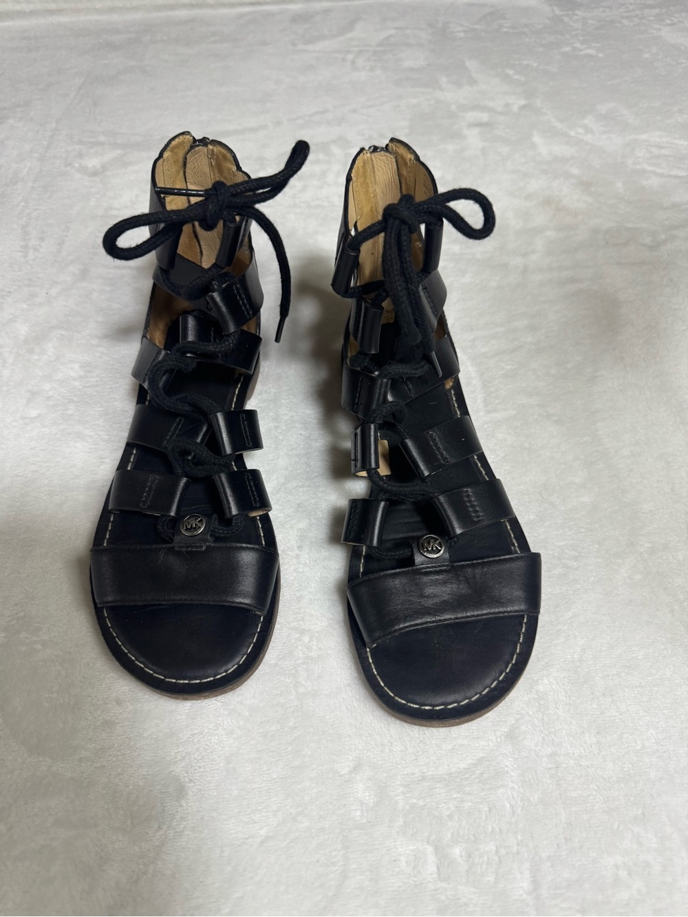 Michael Kors Black Leather Lace-Up Gladiator Sandals with MK Charm